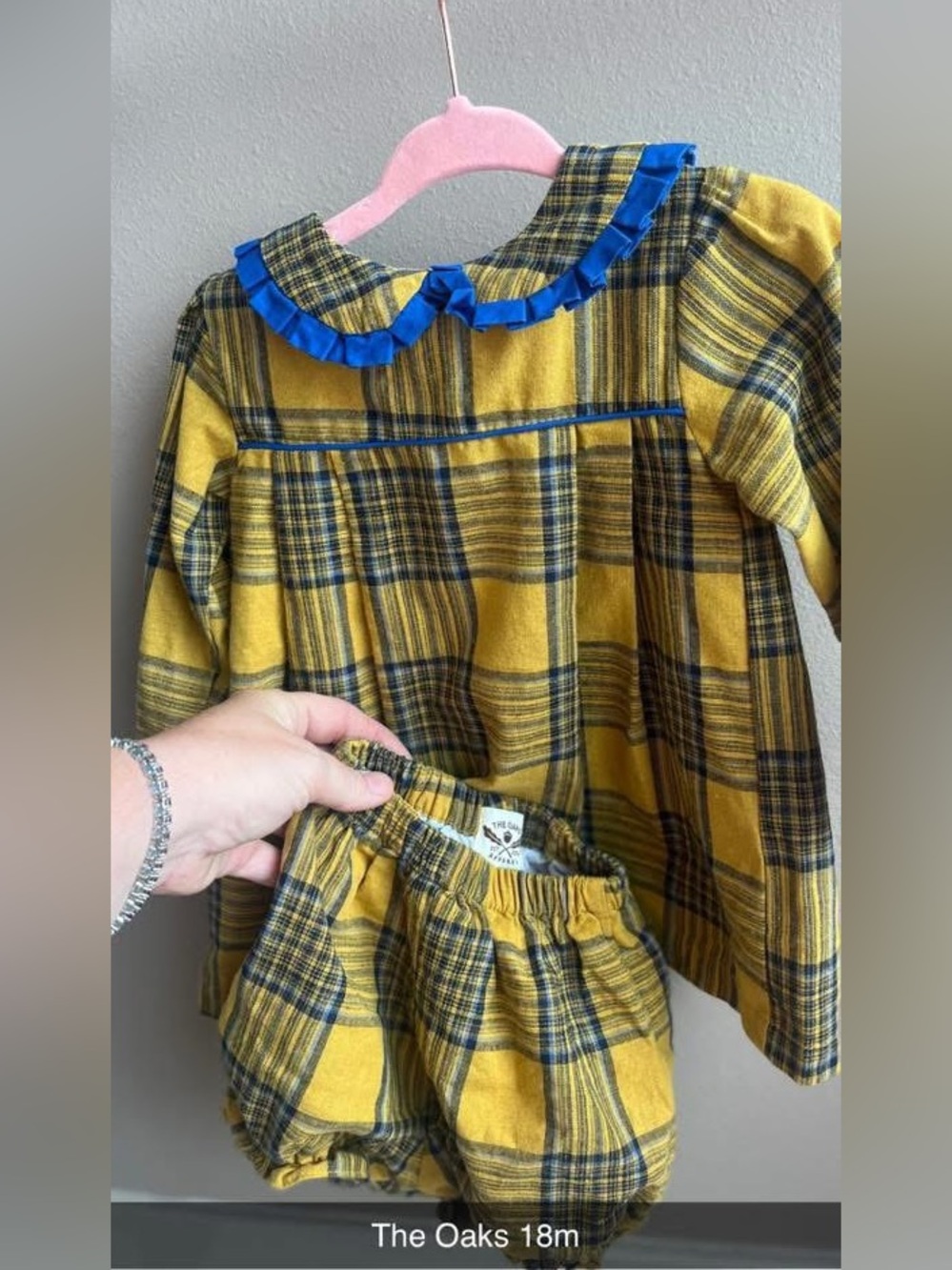 Yellow Plaid Two-Piece Set with Blue Ruffle Collar